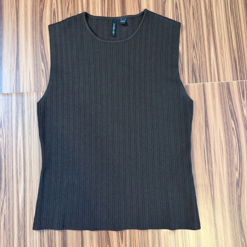 Vtg Venini Knit Top Brown Ribbed Sleeveless Shell Crew Size Large Minimalist